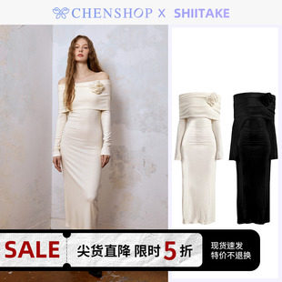 Shiitake露肩一字领垂坠感显身材针织连衣裙CHENSHOP设计师品牌