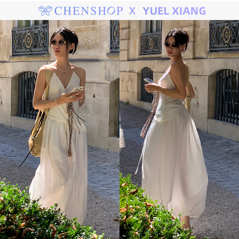 尖领立裁露背吊带褶皱半裙