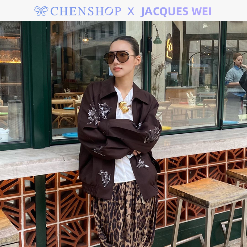 朱珠同款深棕花卉刺绣夹克外套女