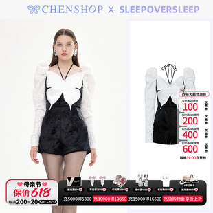 女CHENSHOP SleepOverSleep大蝴蝶玫瑰立体肌理挂脖羊腿袖 连体短裤