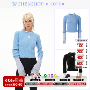 百搭女CHENSHOP设计师品牌 Cottia时尚 圆领假两件套头毛织上衣修身