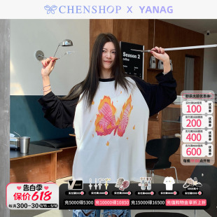 T恤上衣小众百搭女CHENSHOP设计师品牌 YANAG时尚 燃烧蝴蝶插肩长袖