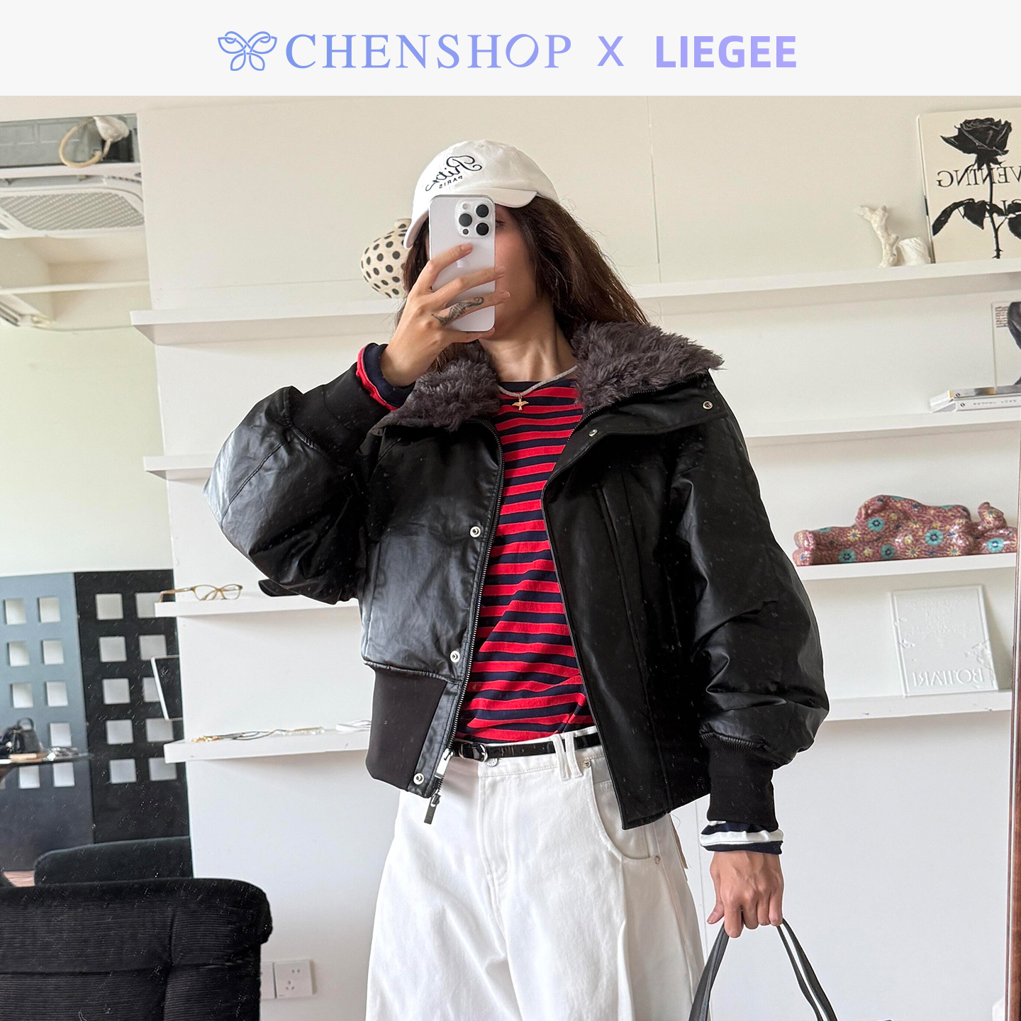 Liegee黑色毛领棉服夹克外套