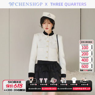 THREE QUARTERS时尚 黑白丝绒拼接小香风外套女CHENSHOP设计师品牌