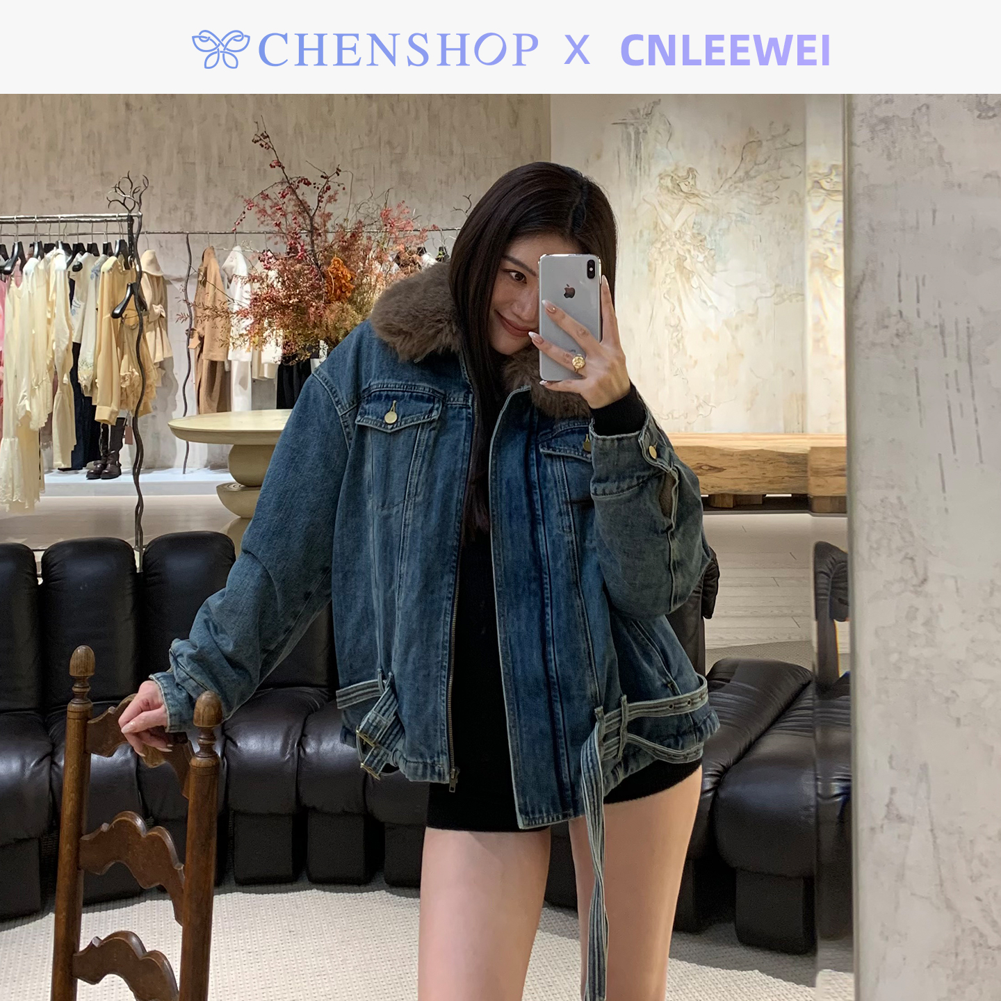 CNLEEWEI可拆卸毛领夹棉牛仔外套