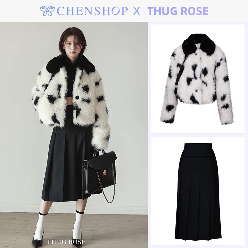thug rose奶牛纹环保皮草外套蝴蝶结百褶半裙chenshop设计师品牌