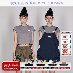YUICHI YANG后绑带紧身小上衣短袖可调节抽绳背带裤百搭CHENSHOP