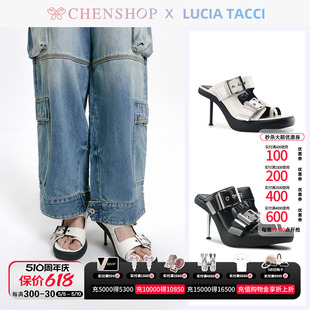 CHENSHOP LUCIA TACCI开边珠牛皮双搭扣水台金属细高跟夹趾凉拖鞋