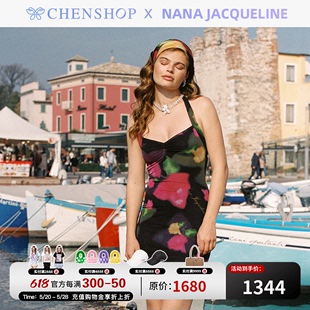 Jacqueline黑色印花短款 挂脖连衣裙头巾CHENSHOP设计师品牌 Nana