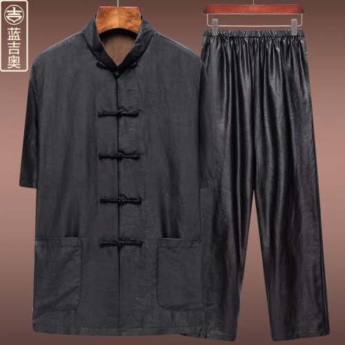 唐装男夏季短袖真丝绸莨绸香云纱