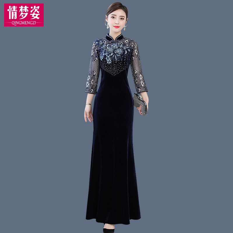 秋款贵夫人高端洋气金丝绒改良版旗袍高贵气质连衣裙显瘦长裙秋冬