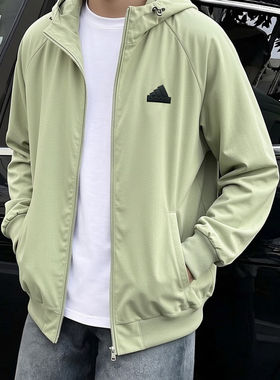 阿迪达斯针织外套男春季新款美式篮球运动服开衫复古纯色连帽衫