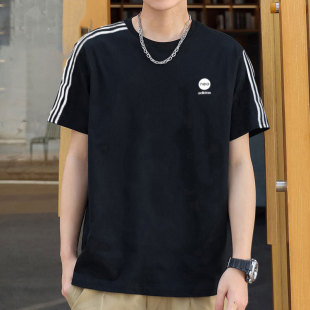 透气运动半袖 25新款 休闲体恤纯棉T恤男 男装 阿迪达斯圆领短袖