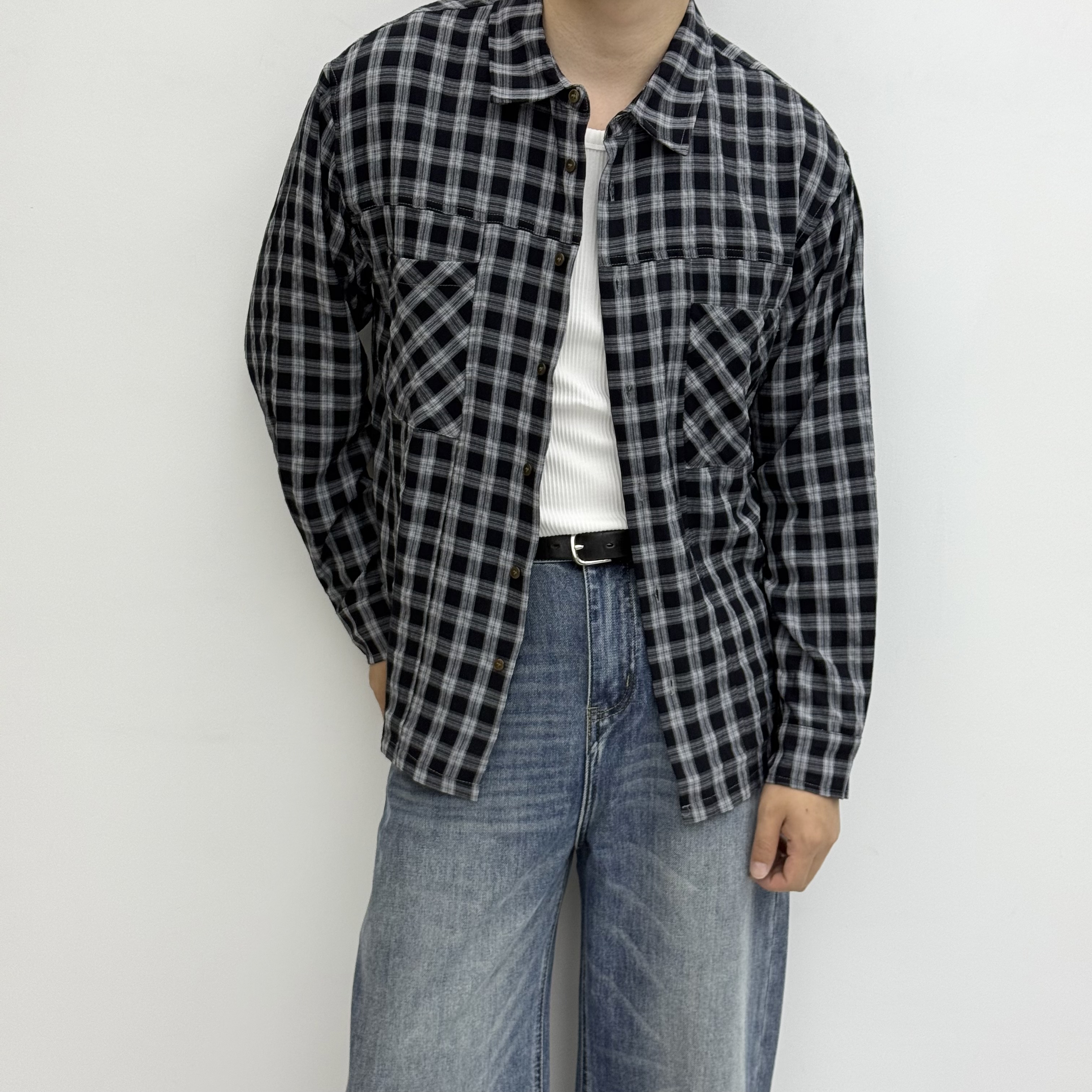 美式复古格子衬衫男长袖春季休闲衬衫