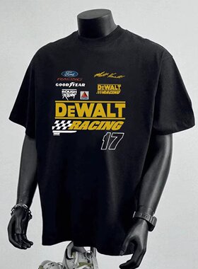 DEWALT赛车服短袖T恤男黑色圆领重磅纯棉美式印花上衣