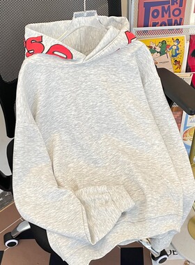 美式字母连帽卫衣男女灰色宽松百搭情侣款休闲外套