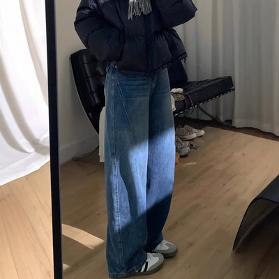 复古弯刀牛仔裤女秋冬加绒大码胖mm宽松垂感梨型身材显瘦阔腿长裤