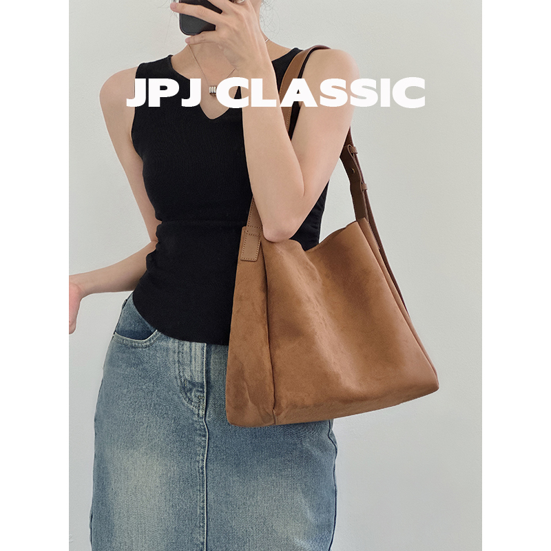 jpjclassic慵懒风水桶包牛皮女单肩斜挎通勤包绒布托特包ins风