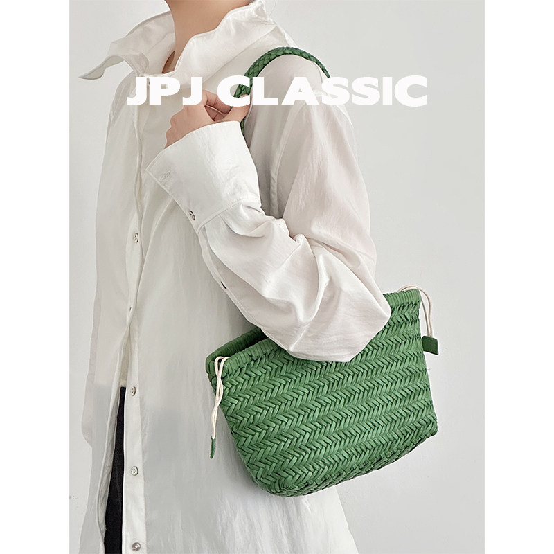 jpjclassic头层植鞣牛皮编织包女单肩腋下水桶包菜篮子通勤度假风