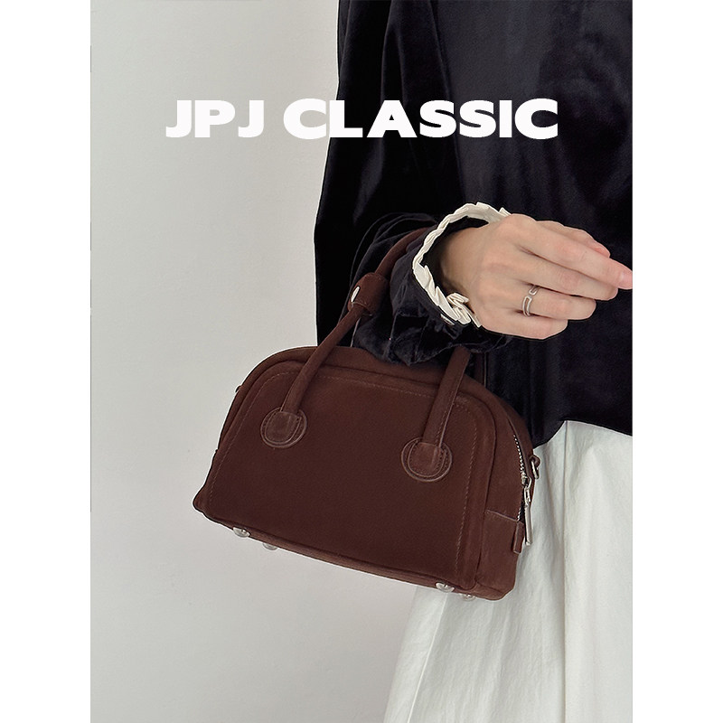 jpjclassic头层麂皮枕头包女单肩斜挎小包包复古风波士顿保龄球包
