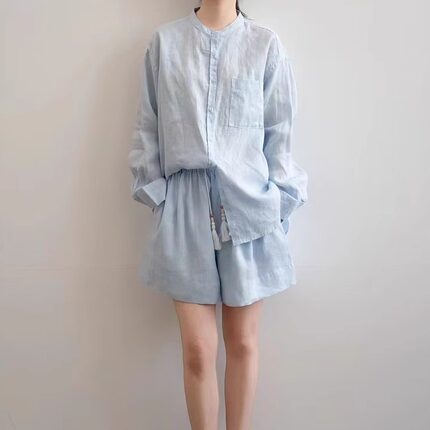 100%亚麻套装女2026春夏新款休闲百搭衬衫长袖上衣短裤防晒两件套