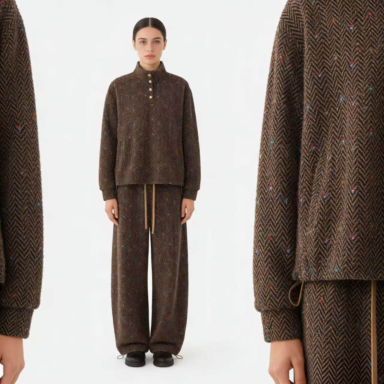 2026春季新款复古风针织套装女立领显瘦阔腿裤人字纹老钱风两件套