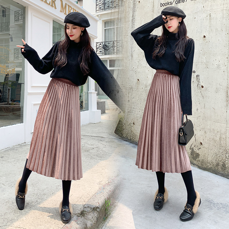 金丝绒半身裙女百褶长裙秋冬季配毛衣高腰a字丝绒中长款大码胖mm|ruв категории Женская одежда, юбка - от Buy2taobao.com для оказания профессиональной услуги покупки агента Taobao