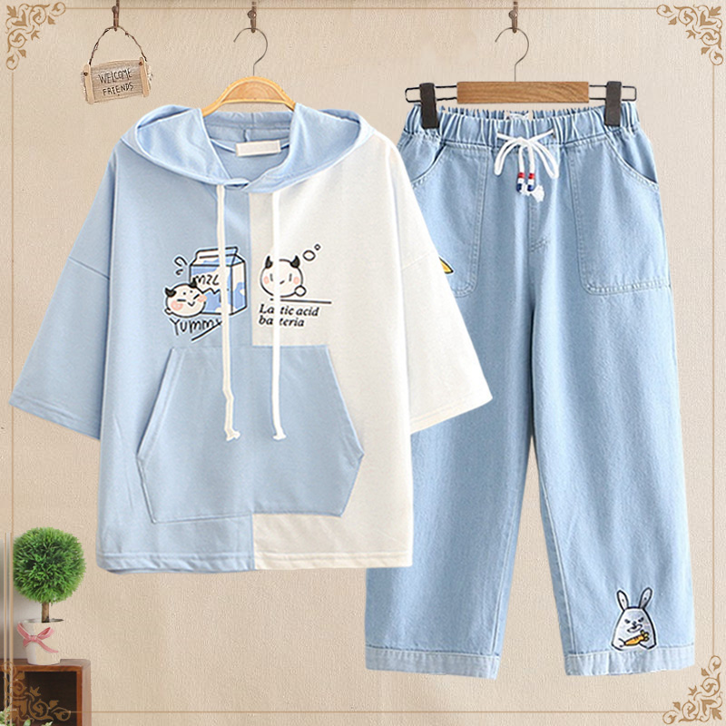 12-15岁14少女孩连帽短袖T恤初中学生夏装女套装大童可爱宽松上衣|ruв категории Женская одежда, футболка - от Buy2taobao.com для оказания профессиональной услуги покупки агента Taobao