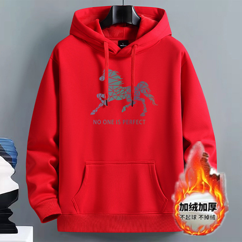 NASA重磅加绒加厚连帽卫衣男红色不起球宽松百搭套头帽衫秋冬上衣