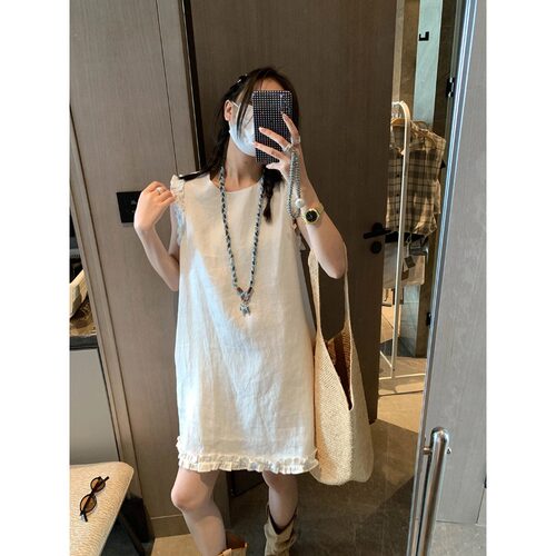 DS  假日遐想 100%亚麻小个子木耳边拼接气质背心连衣裙女