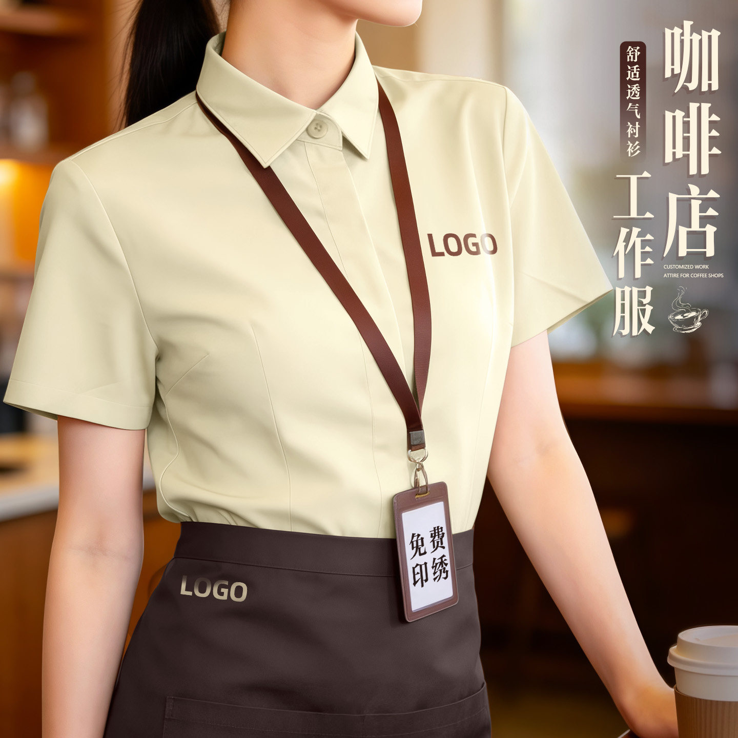 咖啡店工作服定制短袖翻领衬衫餐饮制服透气夏季工装印logo刺绣男