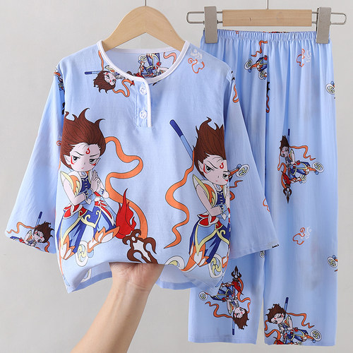 夏季哪吒睡衣2025新款儿童长袖绵绸中大童睡衣家居服男童女童套装