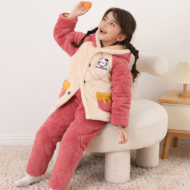 女童男童珊瑚绒睡衣居家服套装冬季儿童法兰绒加绒加厚睡衣带帽款
