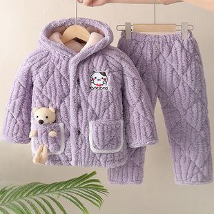 儿童冬季连帽睡衣女孩三层夹棉加绒加厚女童休闲服居家服外套套装