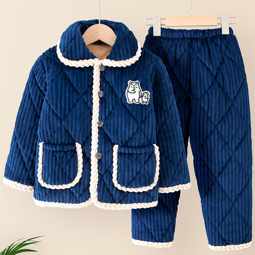 加厚法兰绒儿童三层夹棉睡衣冬季