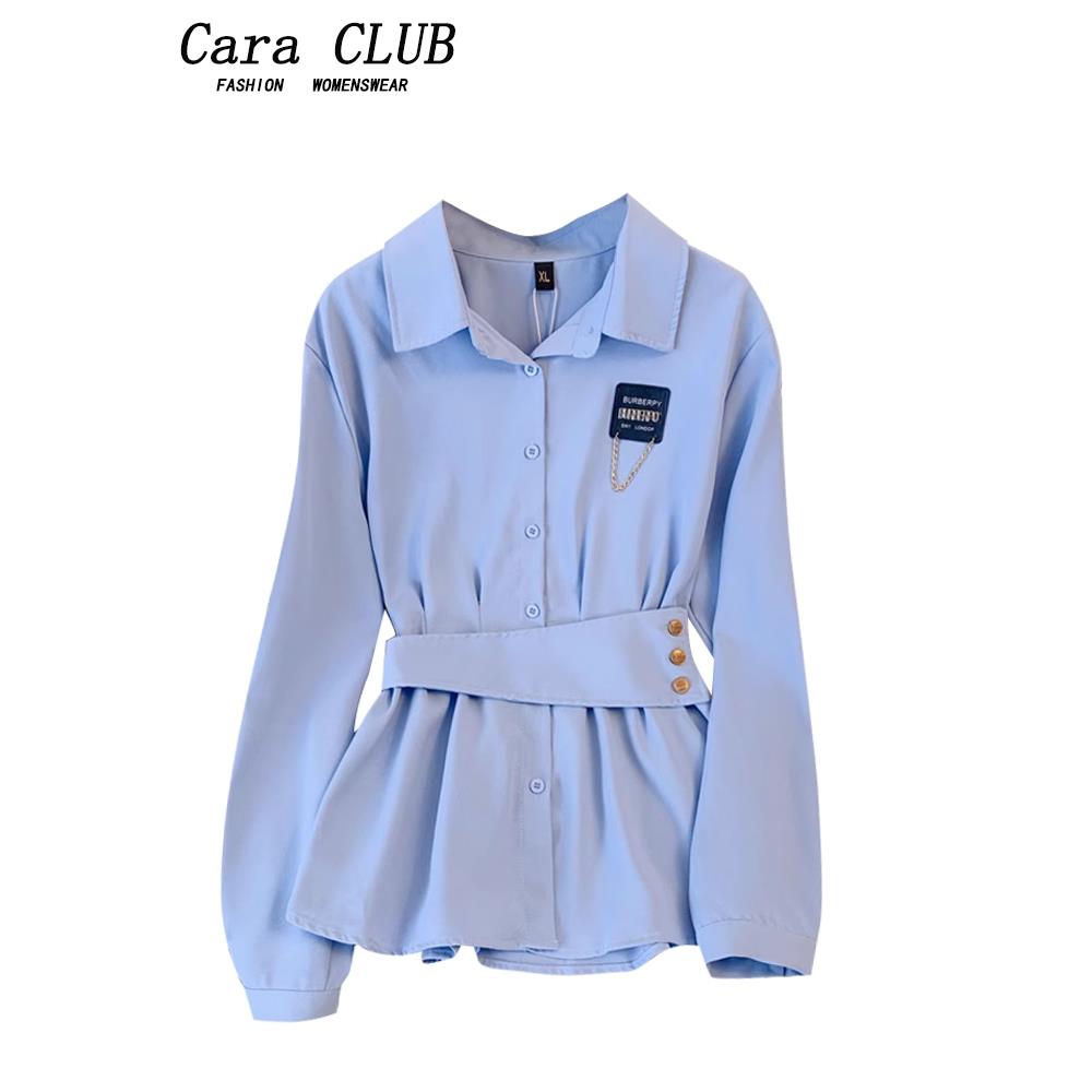 Cara CLUB大码设计感长袖衬衫女秋冬微胖mm时尚收腰显瘦洋气上衣