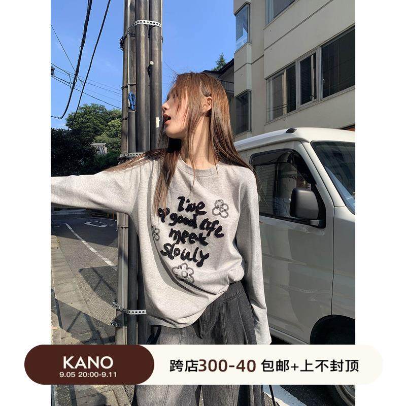 你好卡农 原创字母牙刷绣印花长袖t恤女初秋新款宽松纯棉圆领上衣