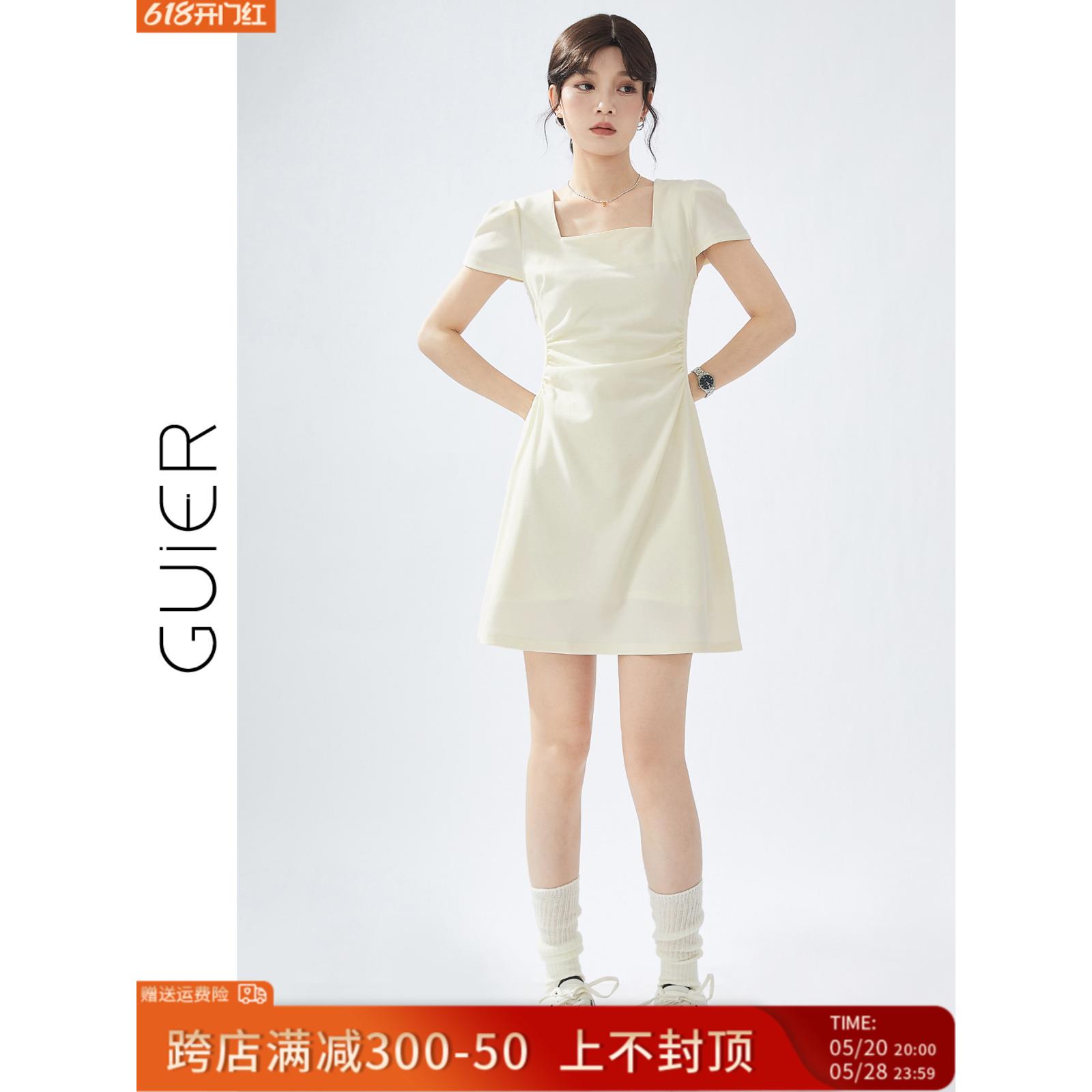 「GUIER」方领收腰连衣裙女夏季2024新款小个子法式复古气质裙子