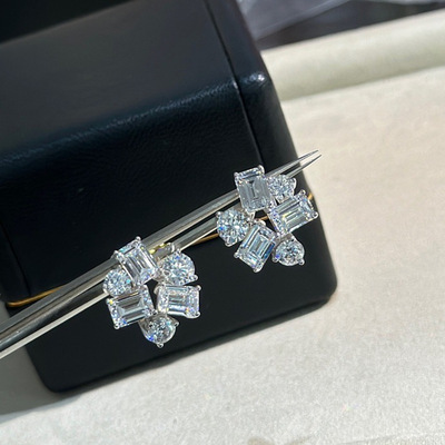 S925银祖母绿切割高碳钻仿真钻工艺不规则异形锦簇耳拍耳环女耳钉