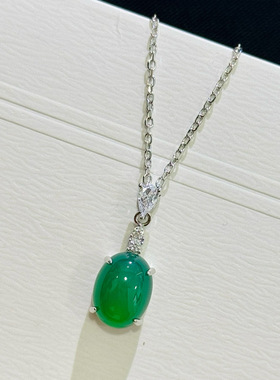 S925银新中式冰种荧光绿玉髓项链吊坠向前高碳钻精工高级感锁骨链