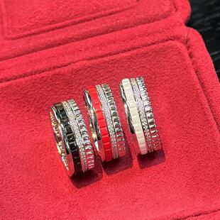 S925纯银精工高级感四排钻黑白红陶瓷肖战同款罗缎戒指女带钻指环
