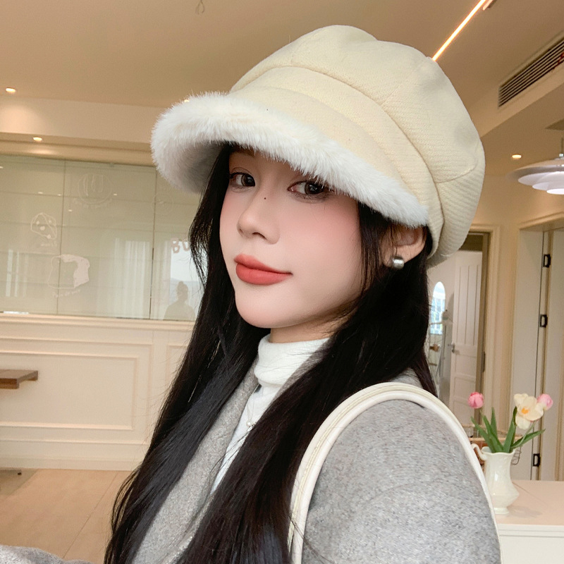 贝雷帽女秋冬季显脸小加绒保暖帽甜美百搭画家帽户外休闲八角帽