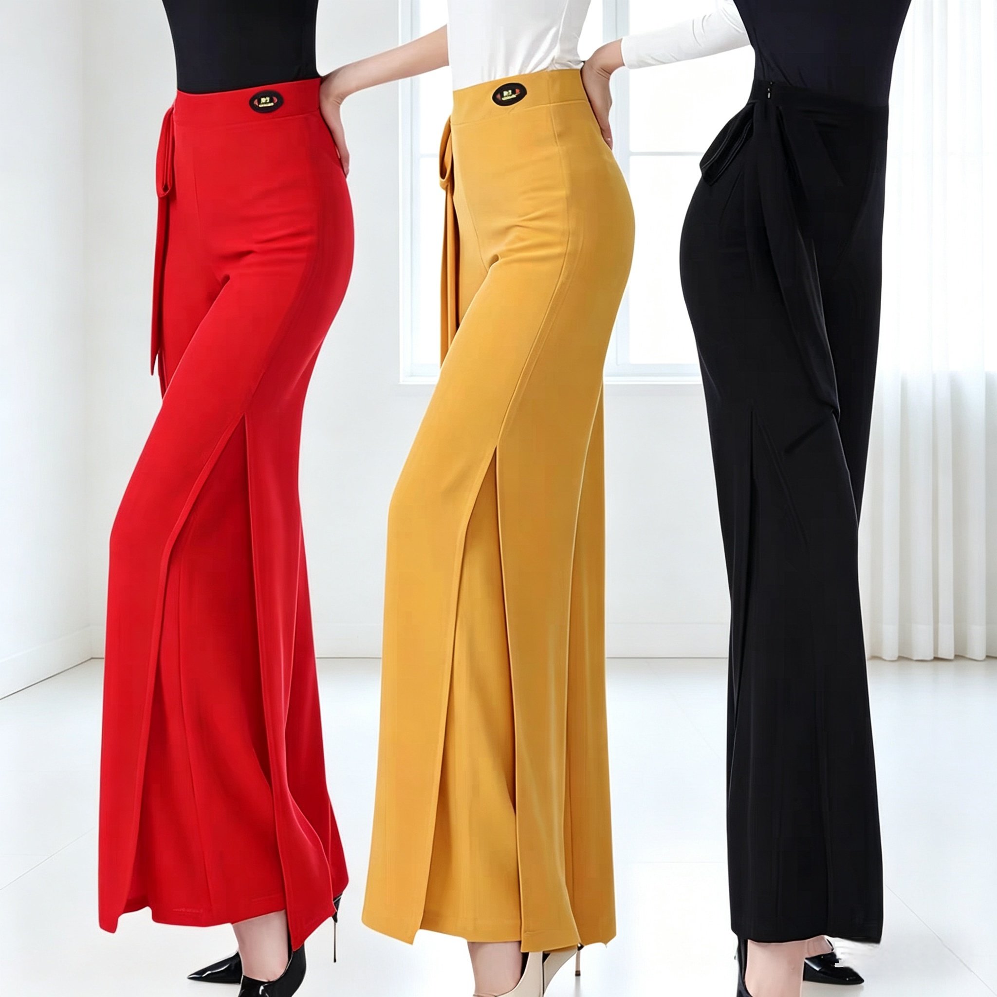 交谊舞裤子女士高腰阔腿开衩麻纱舞蹈裤广场舞吉特巴直筒摩登舞裤