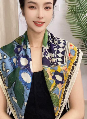 美院风天丝棉丝巾复古洋气方巾时尚百搭气质头巾秋冬护颈围巾围脖