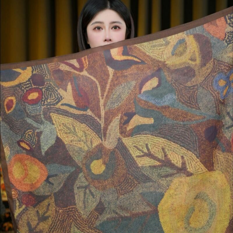 紫雾繁花新款双面双色丝巾百搭舒适方巾秋冬护颈围巾复古洋气披肩