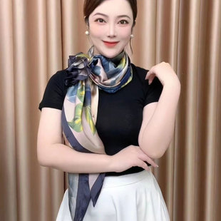 黄色油画小丝巾女大方巾春秋冬季纱巾薄围巾中年妈妈正方形90x90