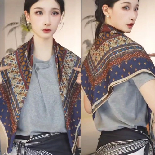 中国风复古大方巾女百搭双面丝巾