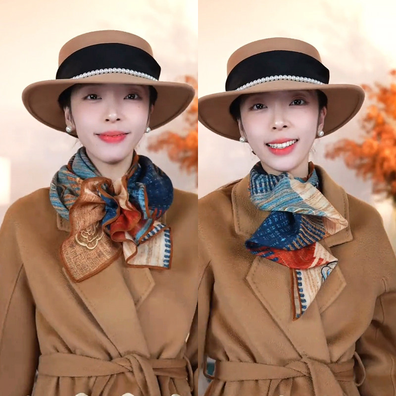 秋冬时尚双面方巾女丝绒磨毛围巾山茶花保暖护颈围脖洋气百搭领巾