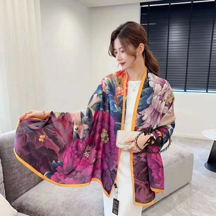 桑蚕丝女士长款 真丝缎面围巾超大百搭防晒丝巾春秋款 纱巾礼服披肩