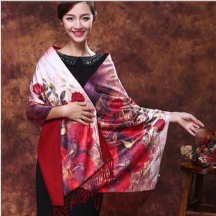 真丝丝巾女秋冬长款双层加厚婚宴拉绒围巾高档桑蚕丝旗袍披肩两用
